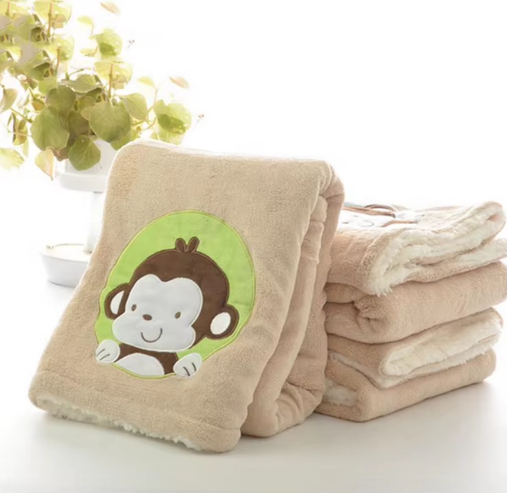 New design custom monkey print cute baby blanket, embroidered Sherpa wool, 2-layer blanket for children